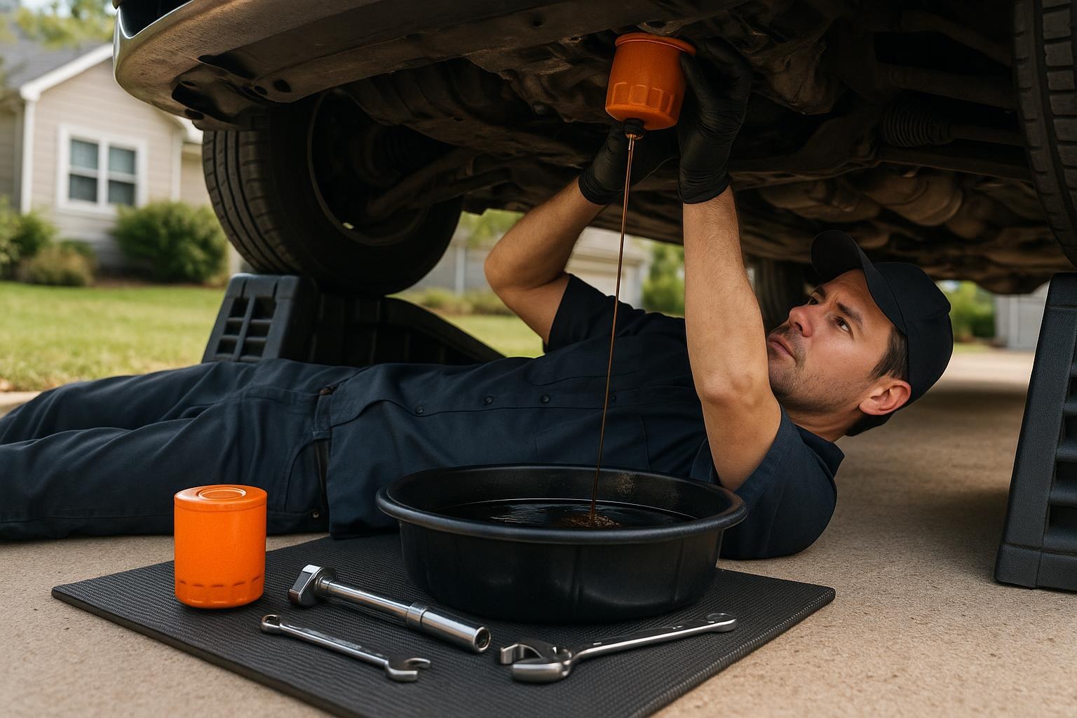 Mobile oil change in a driveway